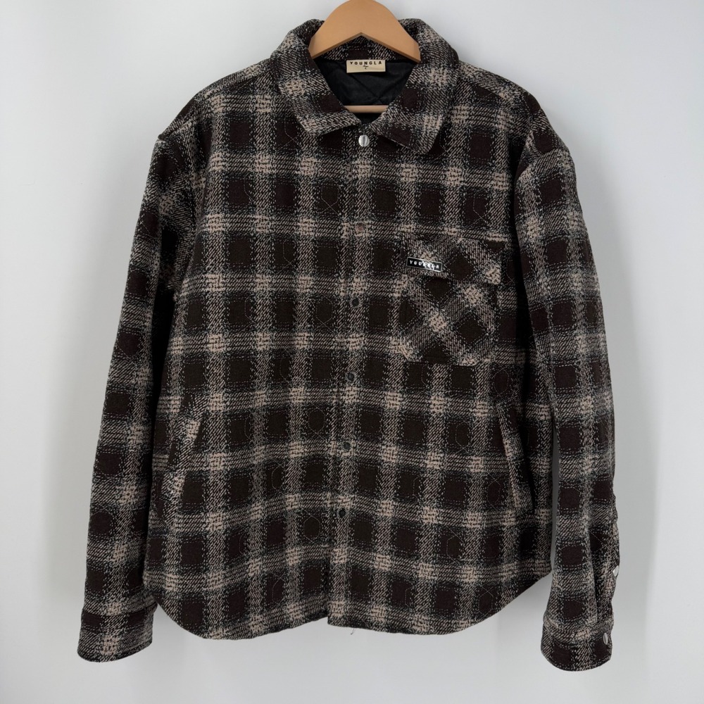 YoungLA Plaid Quilted Flannel Jacket Snap Front Large Gorpcore Rugged
